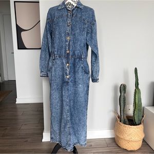 Vintage Denim Western Maxi Dress, Button Front Acid Wash Country Style Dress
